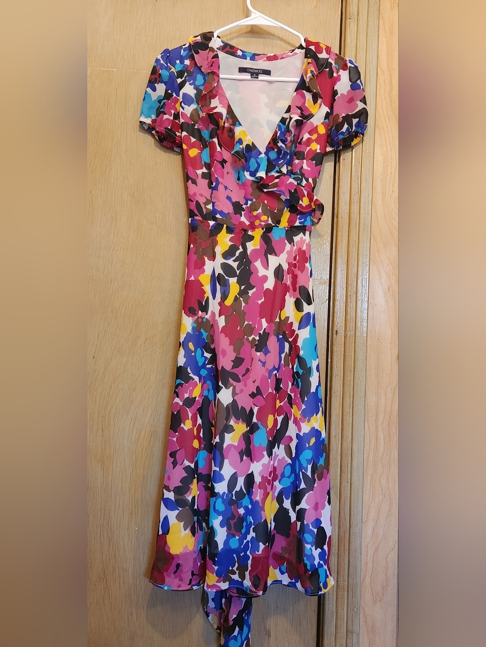 Chadwicks Floral Wrap Dress Womens Sz 6 Ruffle Midi Pink Blue Chiffon